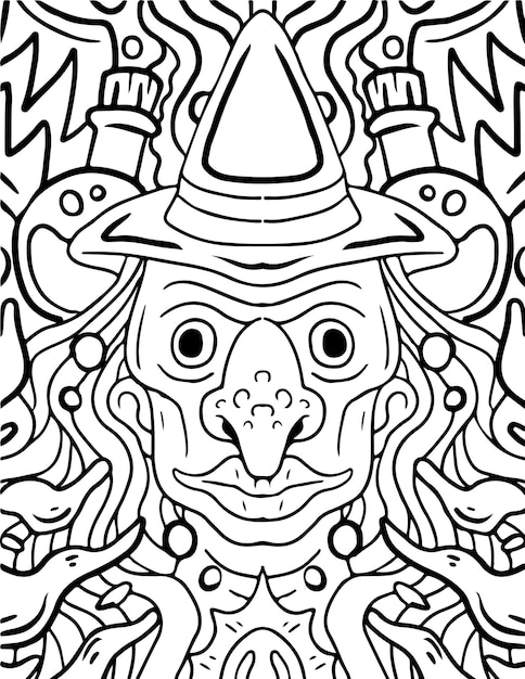 Premium vector witch face halloween coloring page