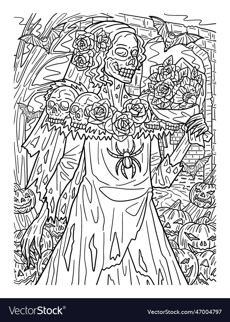 Halloween wedding gown coloring page for adults vector image