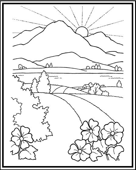 This mountain coloring page of landscapes contains a wide variety of imagery such as tiny houses â coloring pages nature scenery drawing for kids coloring pages
