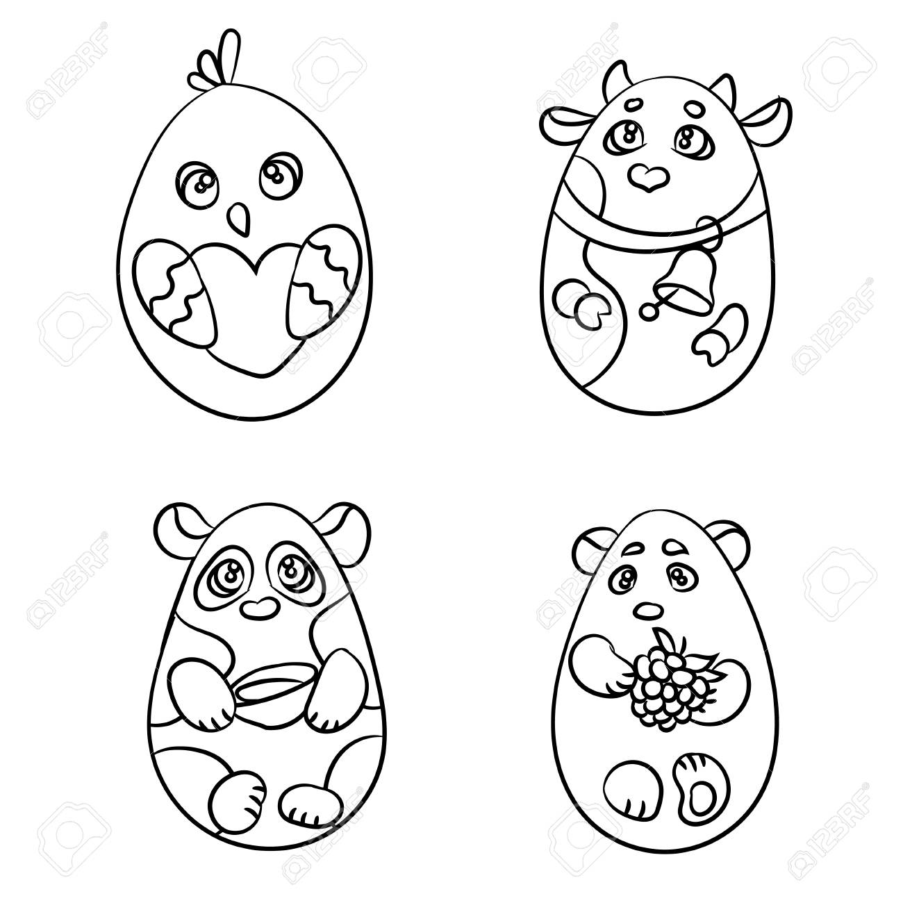 Coloring page set of cute animals in a shape of easter egg there are a cow a chicken cute panda and white bear royalty free svg cliparts vectors and stock illustration