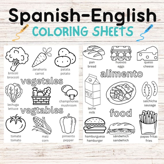 Bilingual spanish english coloring pages kids preschool kindergarten homeschool color vocabulary learning worksheets practice