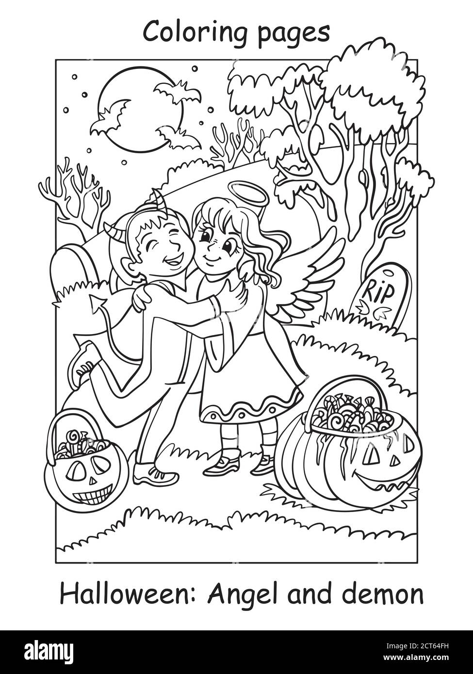Vector coloring pages children in costumes of angel and demon hug halloween concept cartoon contour illustration isolated on white coloring book fo stock vector image art