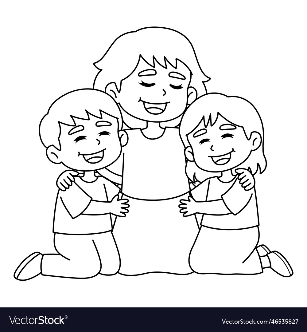 Mother hugging the children isolated coloring page