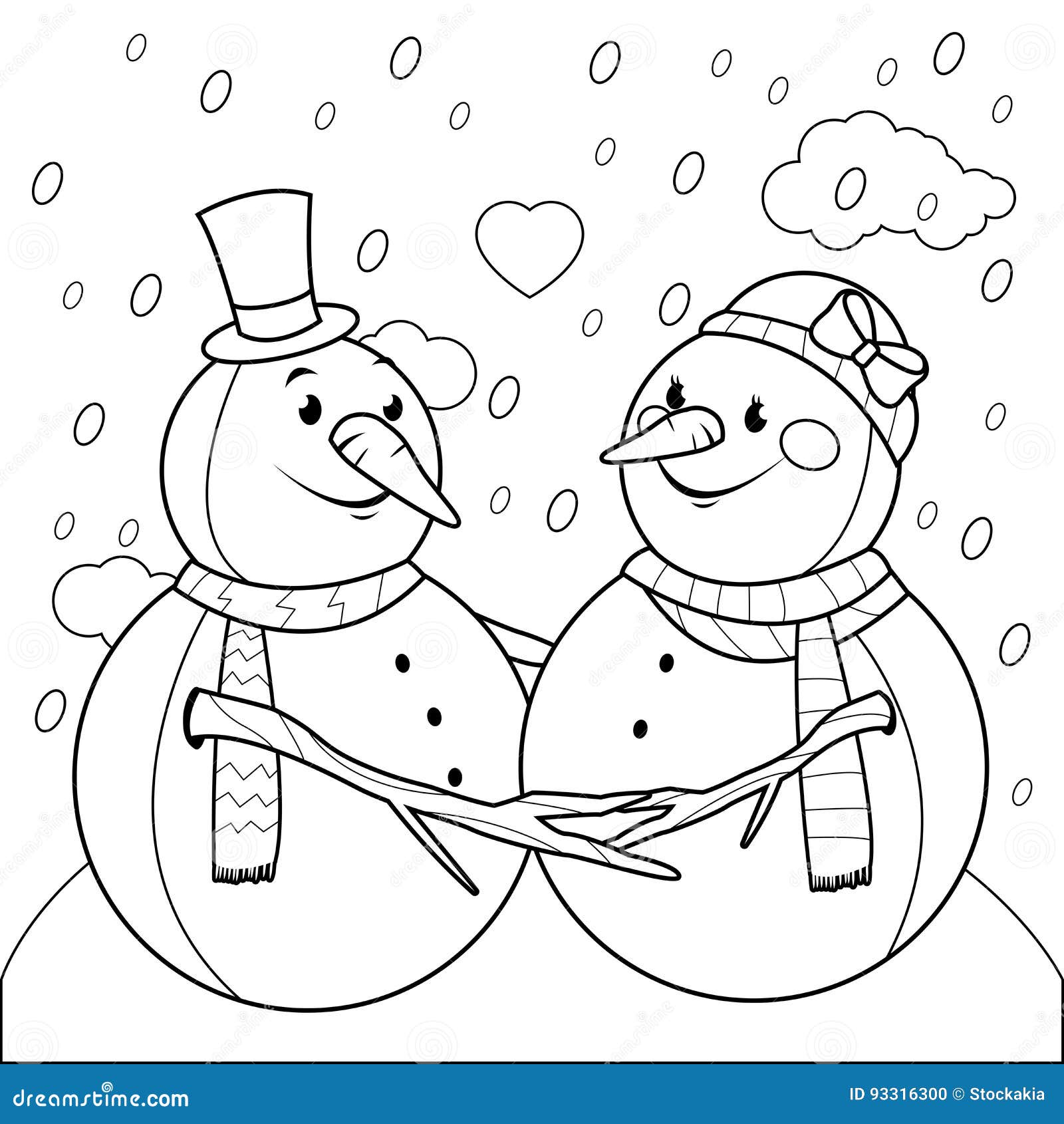 Cute snowmen in the snow vector black and white coloring page stock vector