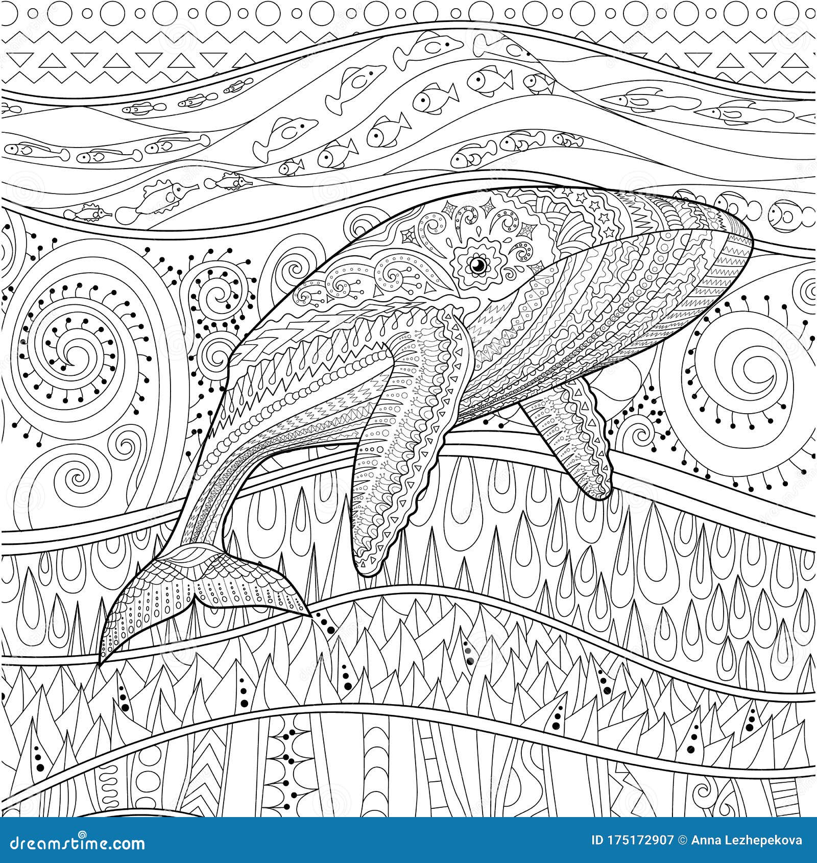 Coloring pages for adult with blue whale stock vector
