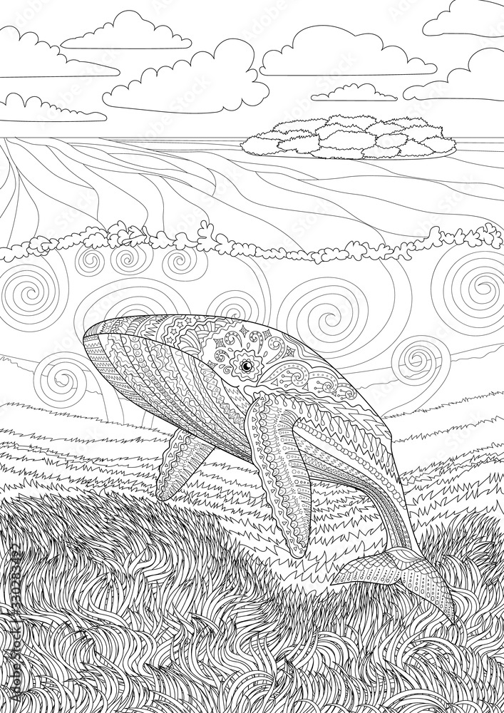 Coloring pages for adults with humpback whale for anti