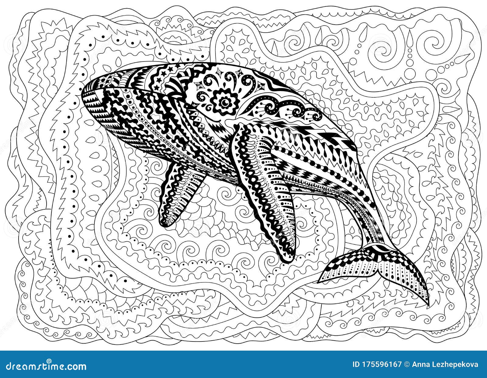 Coloring pages for adult with blue whale stock illustration
