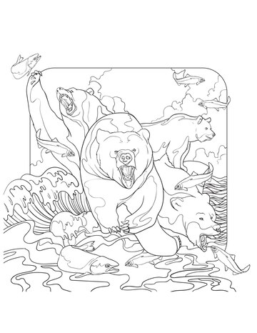 Premium vector beautiful childrens coloring pages and coloring book for kids and adults with bears hunting design