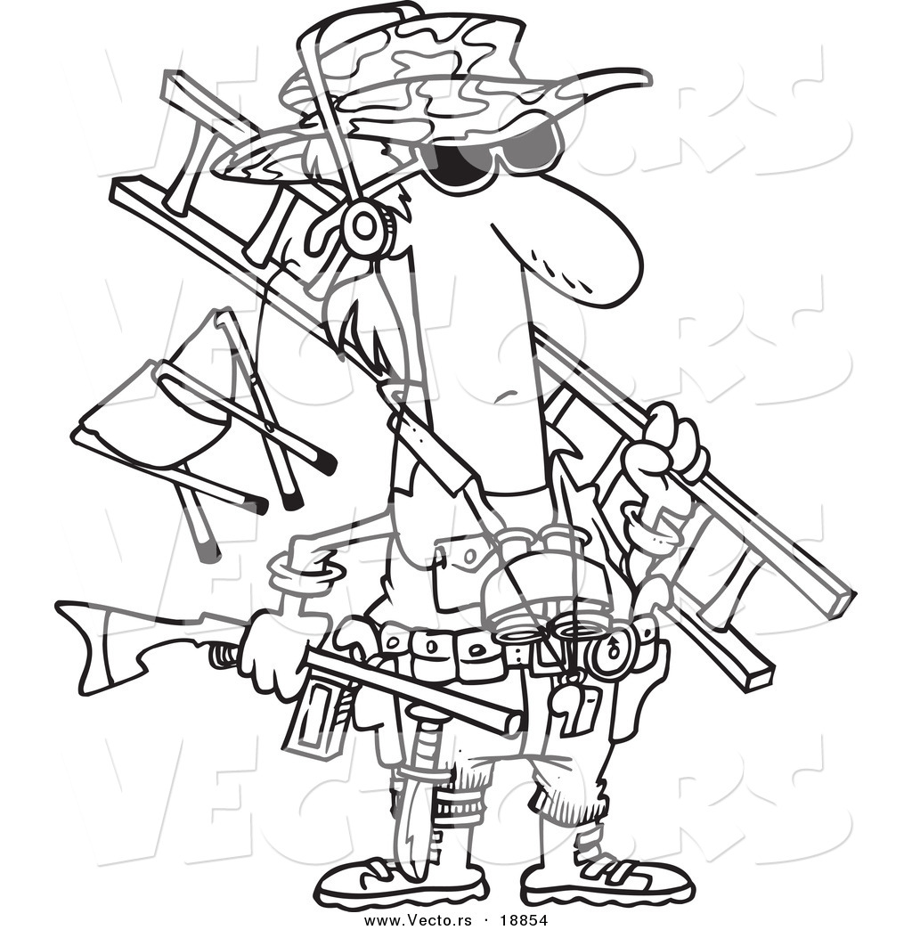 R of a cartoon hunter carrying his gear
