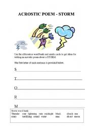 English worksheets acrostic storm poem sheet