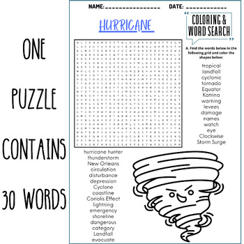 Hurricane coloring word search puzzle worksheets activities tpt