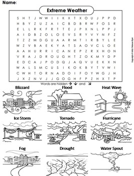 Severe weather activity word search worksheet hurricane tornado drought etc