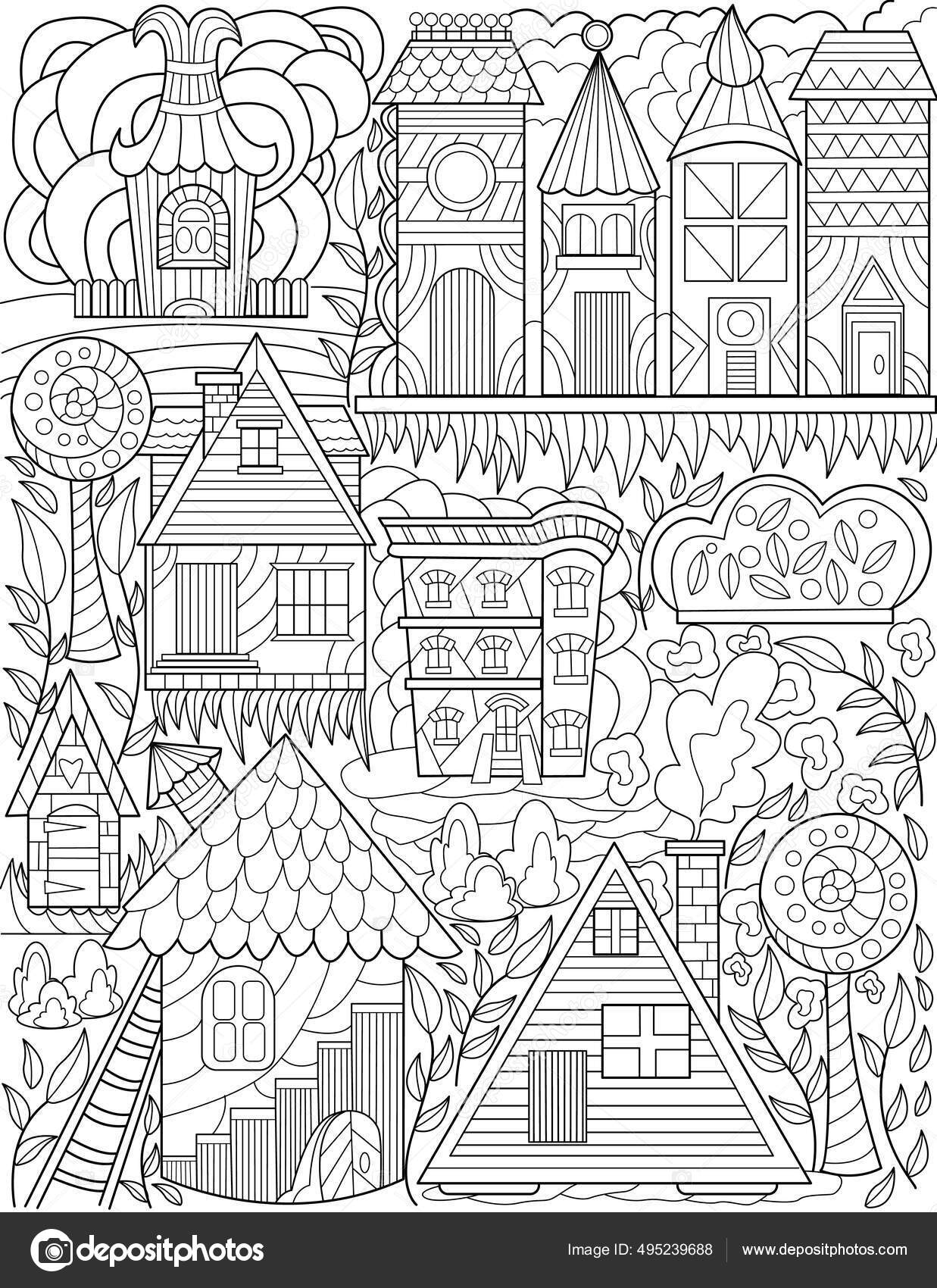 Old town doodle tall trees houses colorless line drawing classic village doodling set tall buildings house tree coloring book page stock