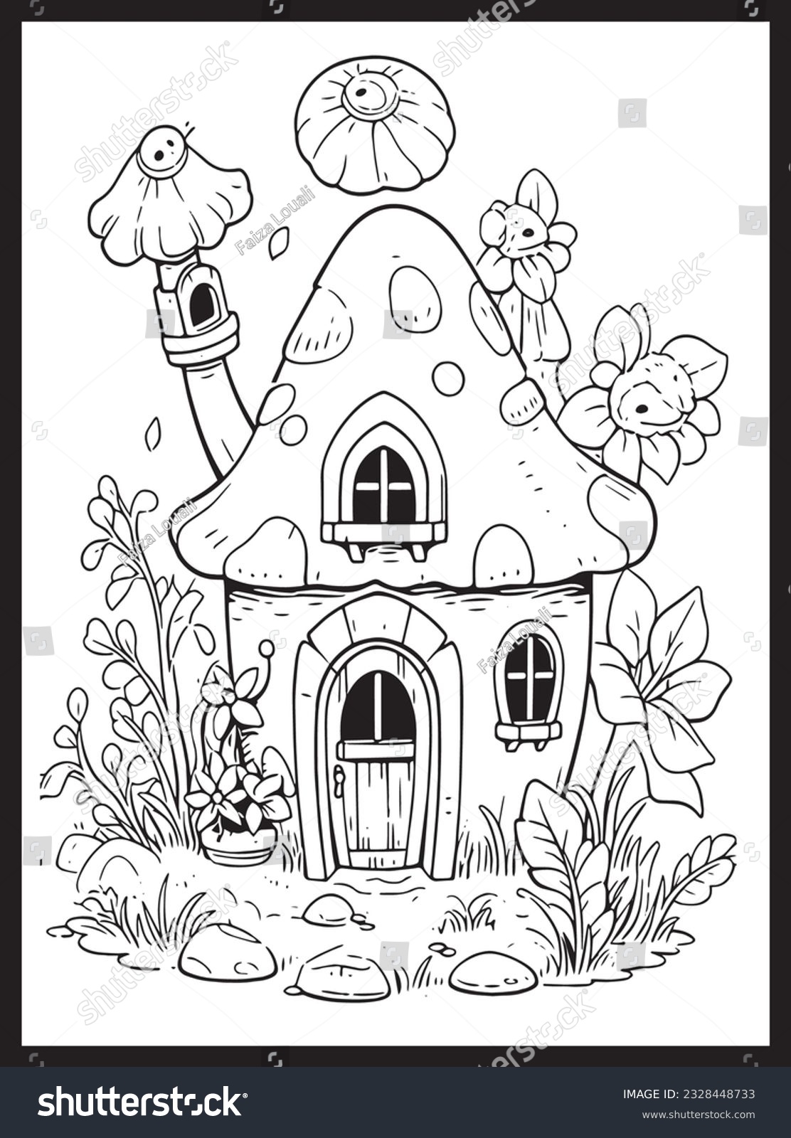 Magical fairy houses coloring page stock
