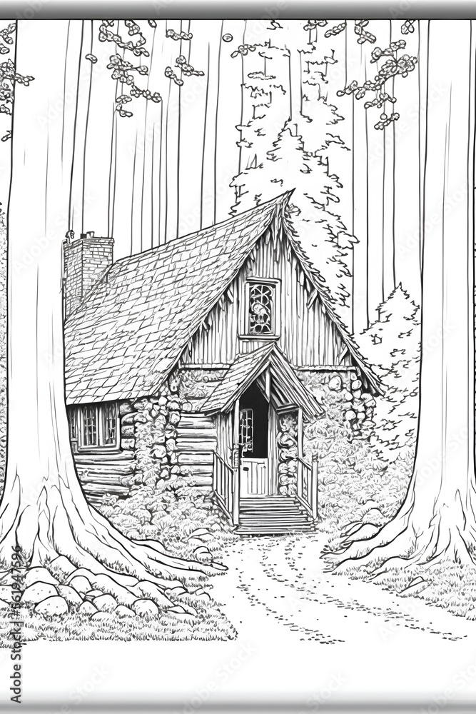 Small house in forest illustration colouring book page adult coloring pages kid colouring pages