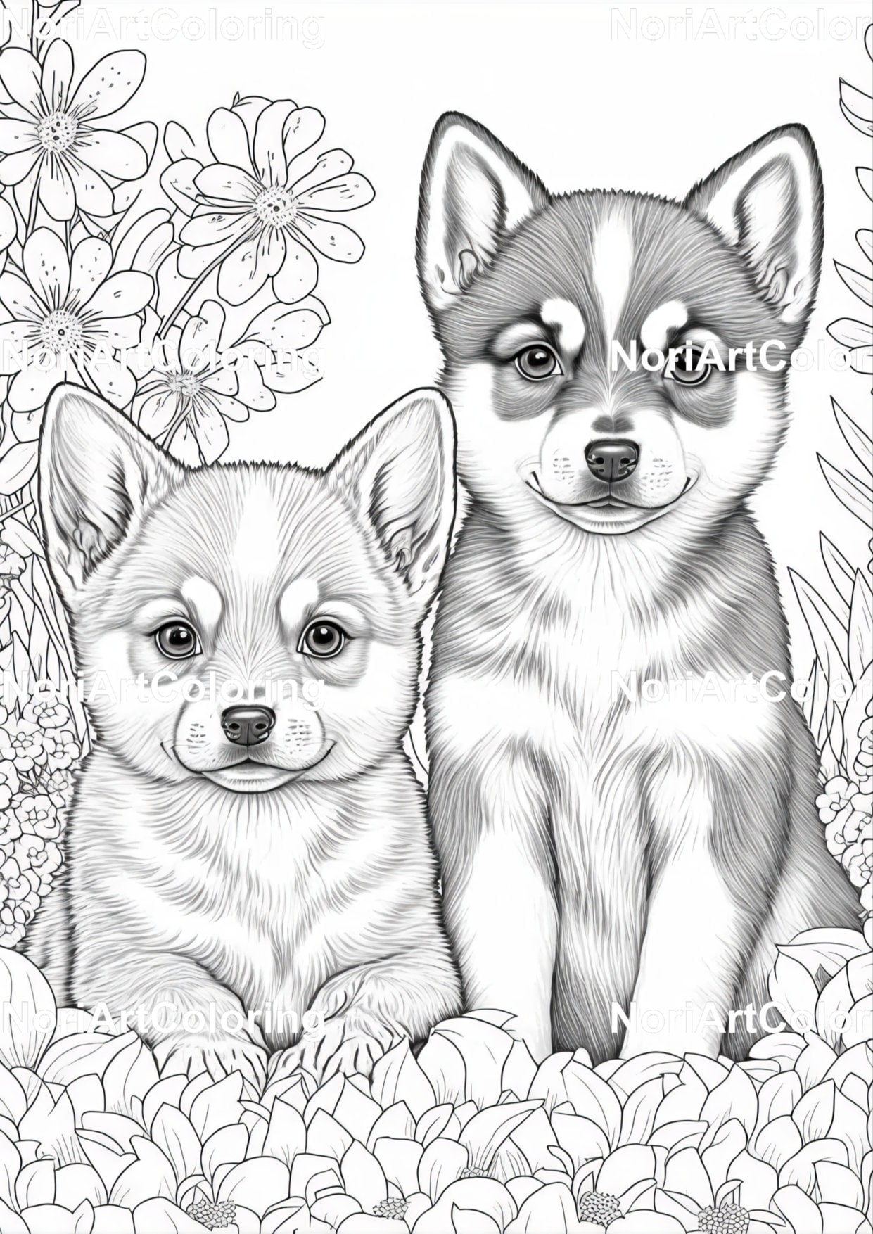 Cute puppies different species coloring book printable adult coloring pages download grayscale illustration printable pdf file