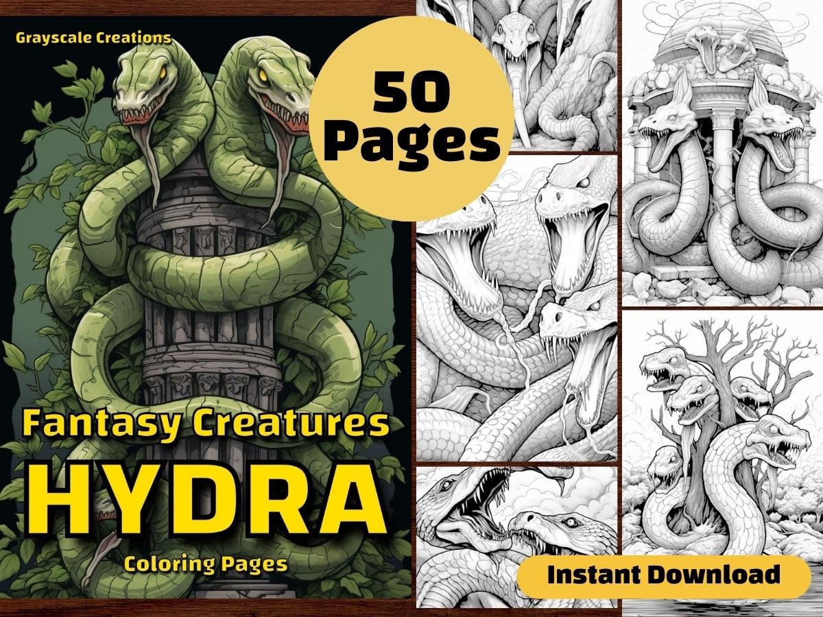 Scary hydra coloring page book printable pdf sheets instant download grayscale coloring adults kids adhd dnd monster snake dragon