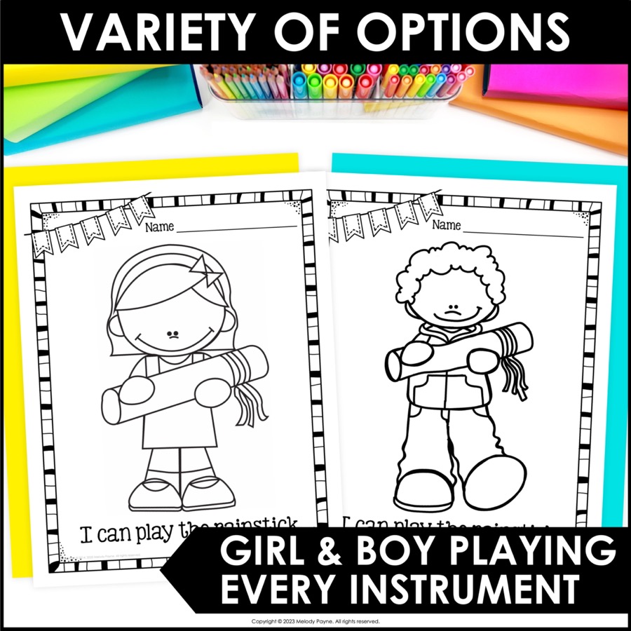 Musical instrument coloring sheets with kids in music class