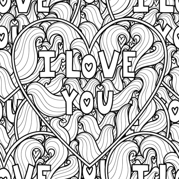 Premium vector i love you black and white seamless pattern for coloring book heart mandala outline background doodle coloring page for adults and kids vector illustration