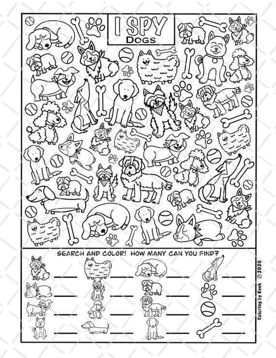 I spy dogs coloring page printout download colouring search and count activity for kids cute dog doodles cartoons different dog breeds