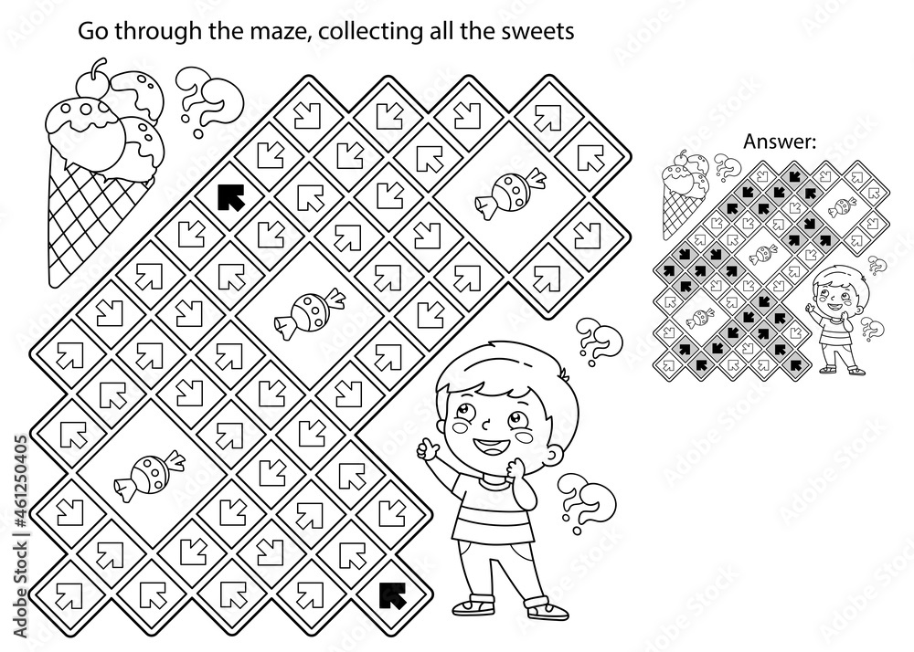 Maze or labyrinth game puzzle coloring page outline of little boy with ice cream and sweets coloring book for kids vector