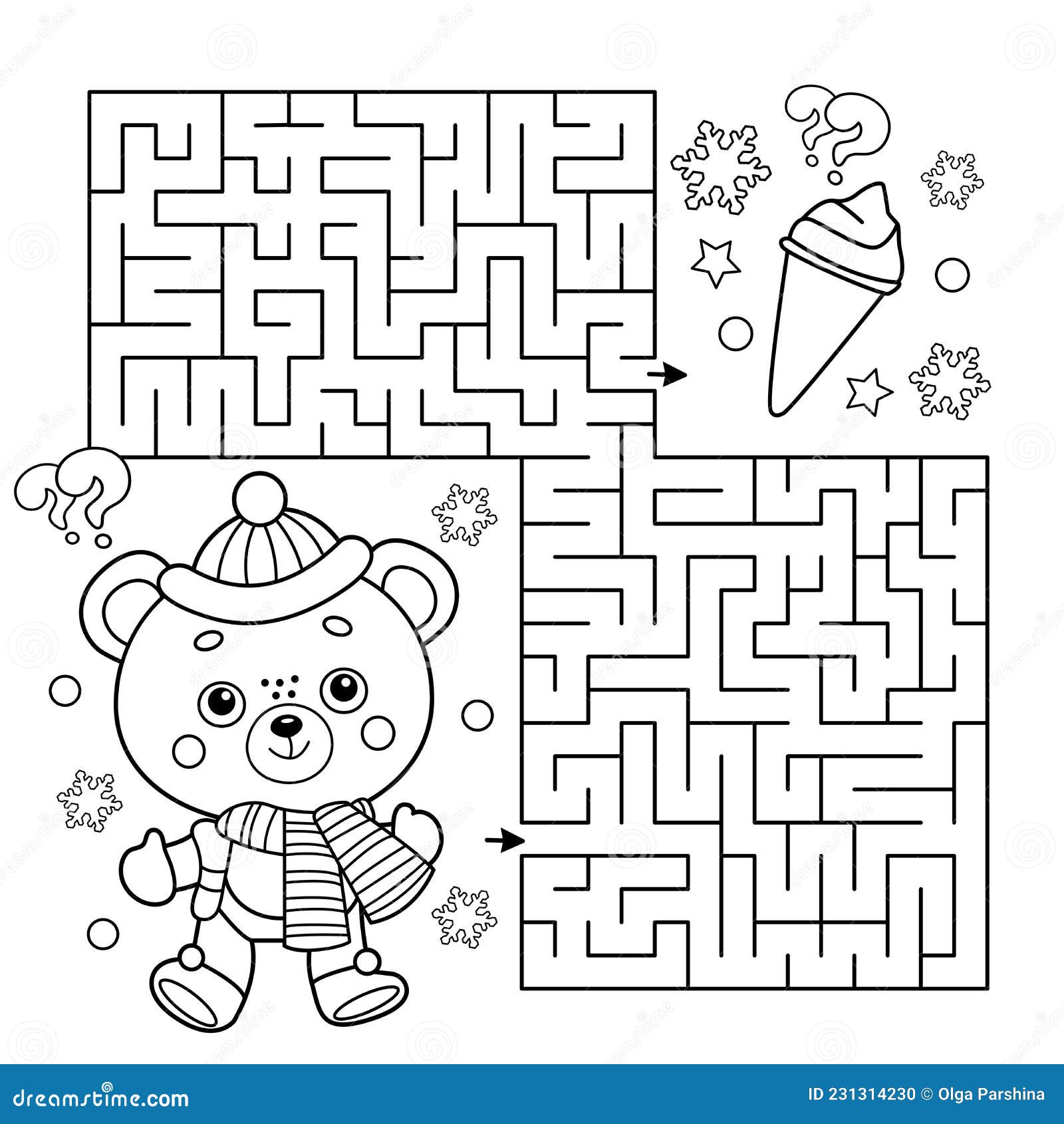 Maze or labyrinth game puzzle coloring page outline of little toy bear with ice cream winter stock vector