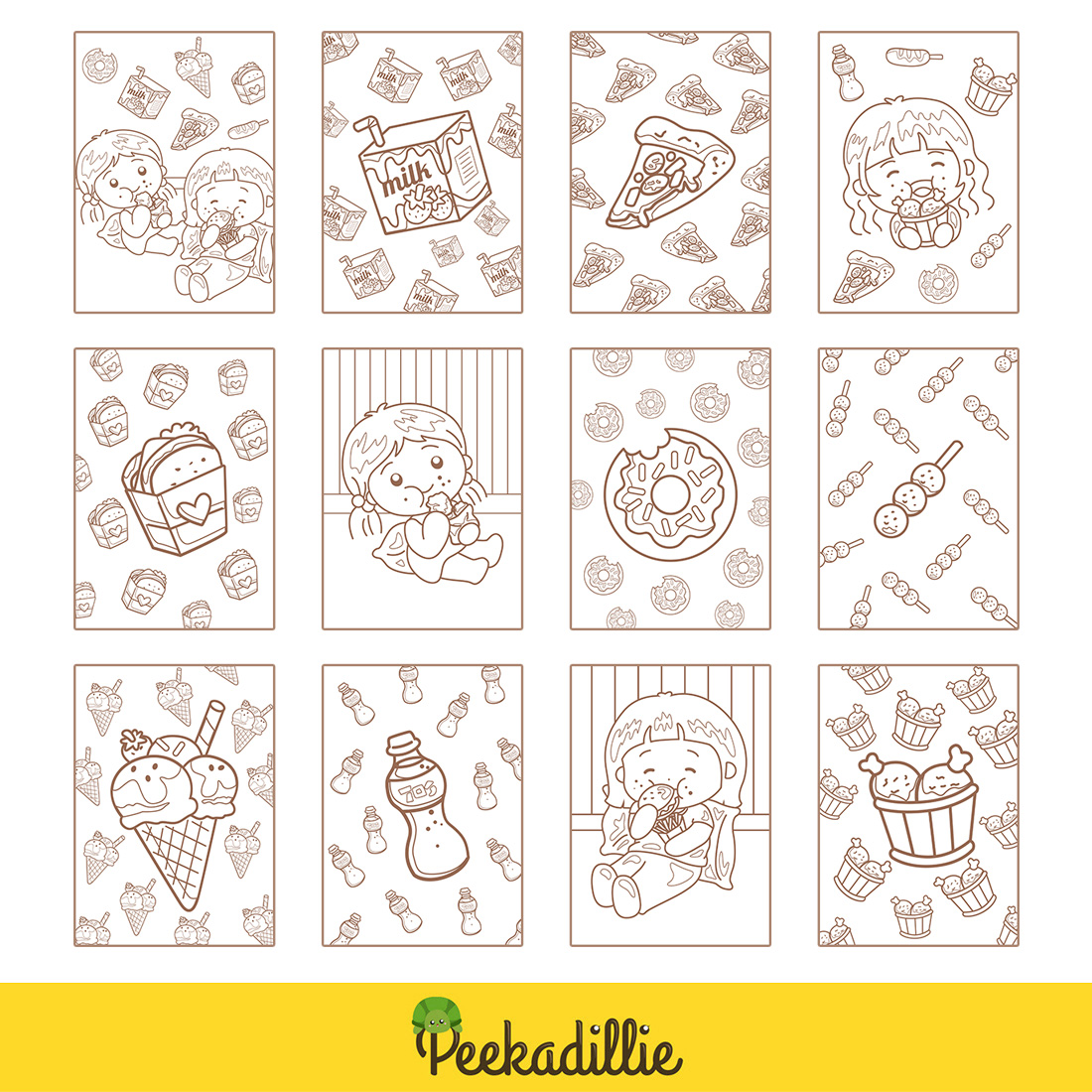 Happy funny girl love to eat food and drink with friends milk pizza sandwich donut ice cream cola bottle fried chicken coloring pages for kids and adult