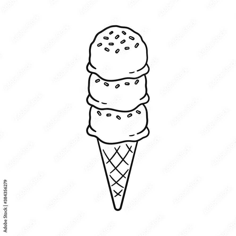 Triple scoop ice cream with sprinkles on sugar cone line art outline cartoon illustration coloring book page activity worksheet for kids vector
