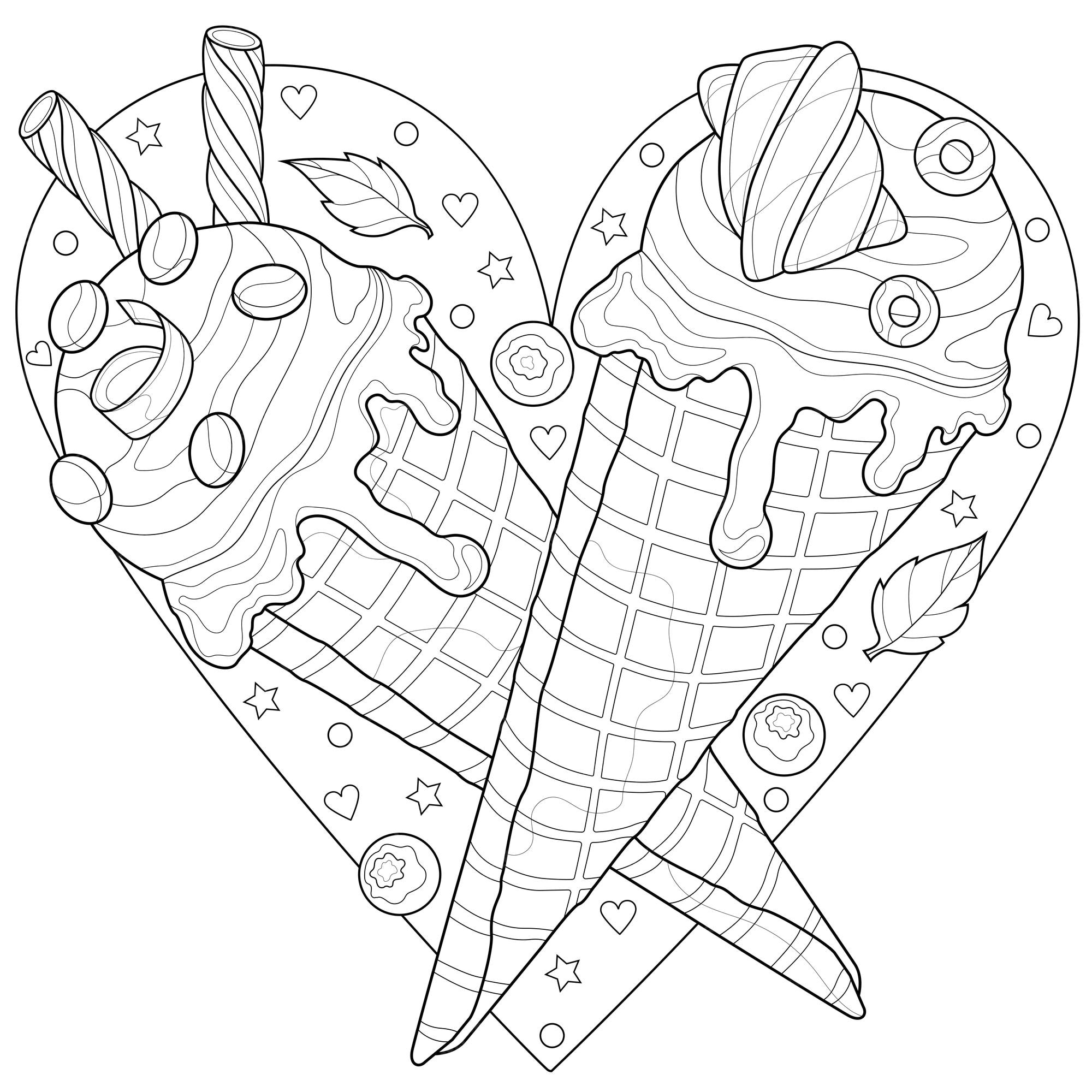 Premium vector ice cream cone in the shape of a heartcoloring book antistress for children and adults illustration isolated on white backgroundzen
