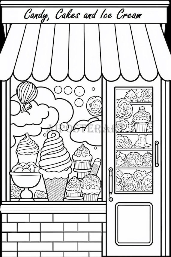 Candy cakes and ice cream shop window coloring page printable coloring sheet candy store coloring downloadable adult coloring