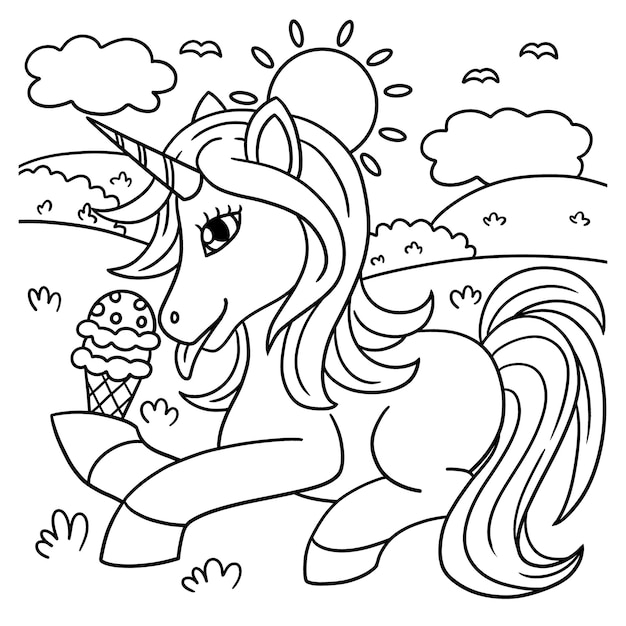Premium vector unicorn eating ice cream coloring page for kids
