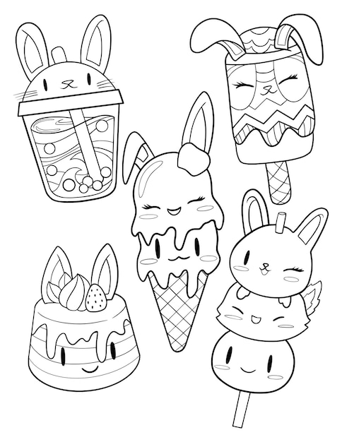 Premium vector a coloring page of ice cream and a bunny hand drawn