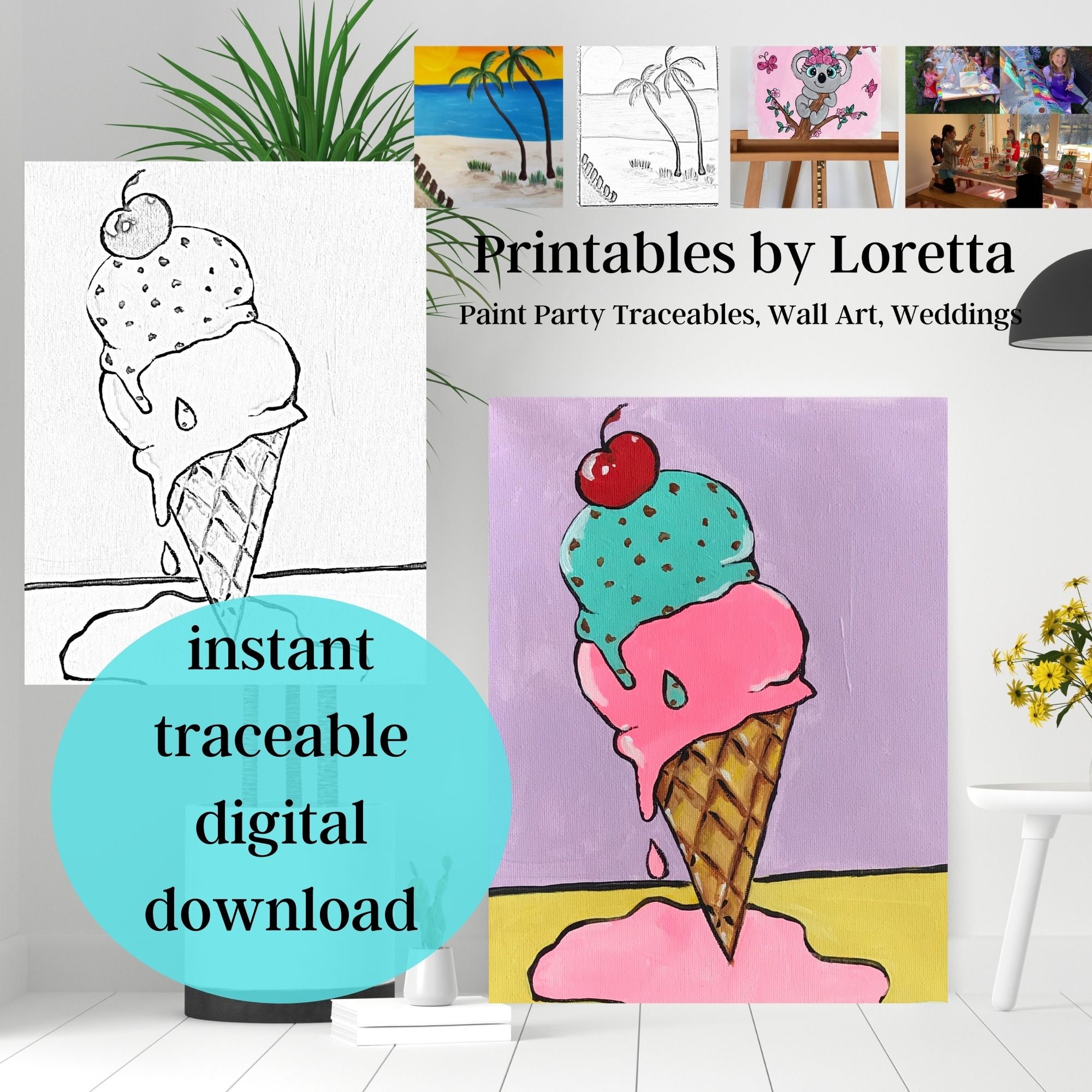 Diy paint party kit instant download includes tracer instructions supply list summer fun paintingkids paint kit desert fun ice cream