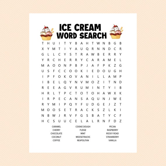 Ice cream word search ice cream worksheets printable activity pages word search word searches word searches for kids and adults instant download