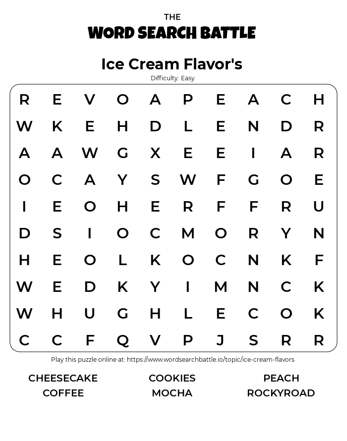 Printable ice cream flavors word search