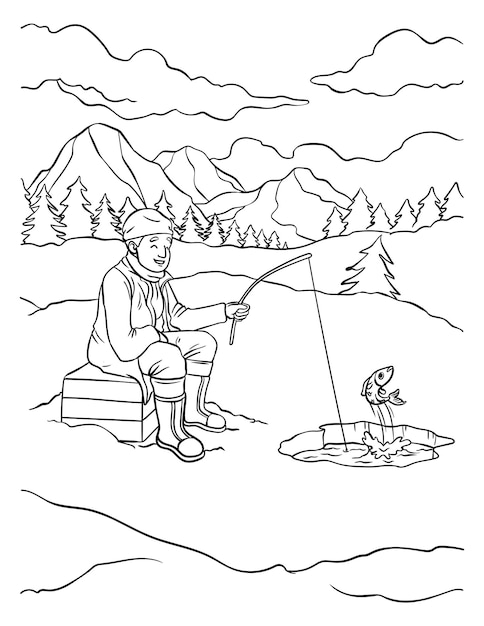 Premium vector ice fishing coloring page for kids