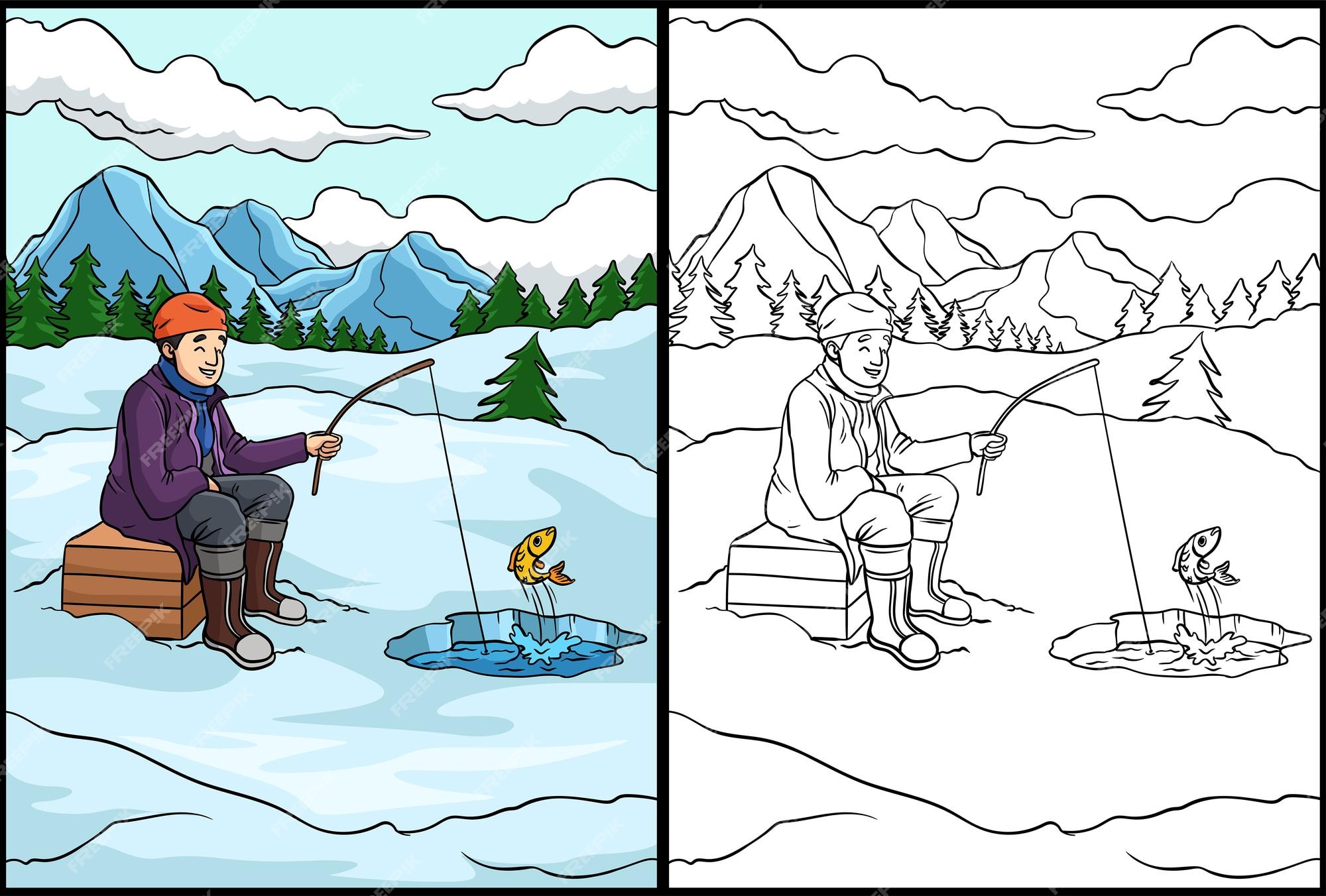 Premium vector ice fishing coloring page colored illustration