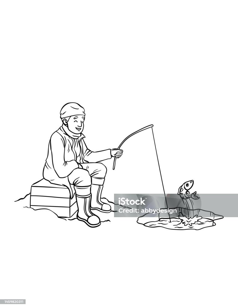 Ice fishing isolated coloring page for kids stock illustration