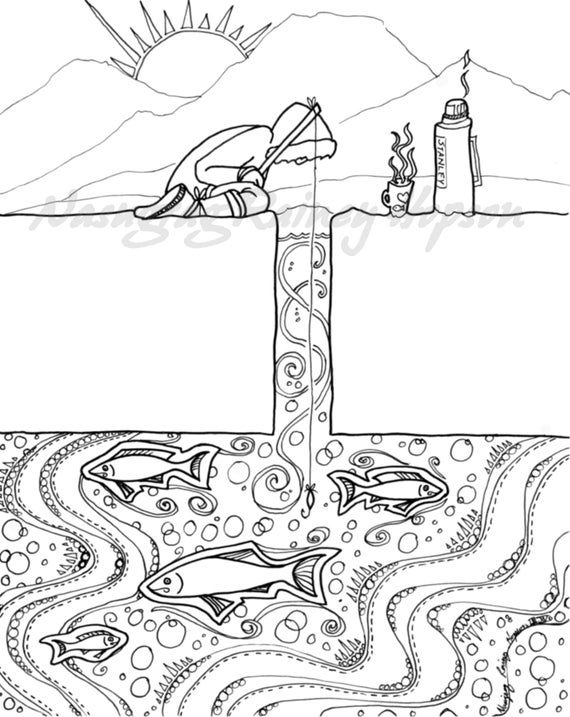 Ice fishing alaska native hand drawn coloring page