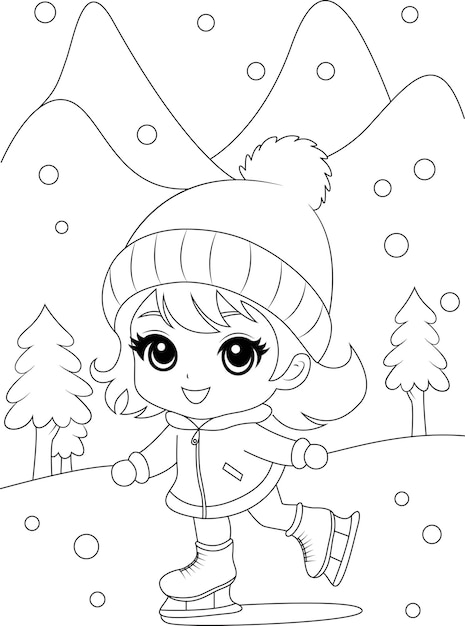 Premium vector coloring page a kid ice skating christmas colouring page