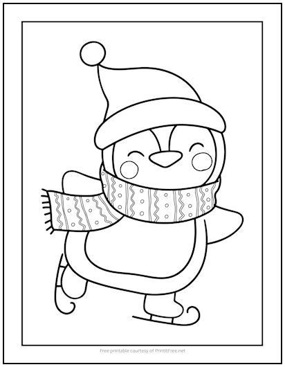 Colorful winter fun with ice skating penguin coloring page