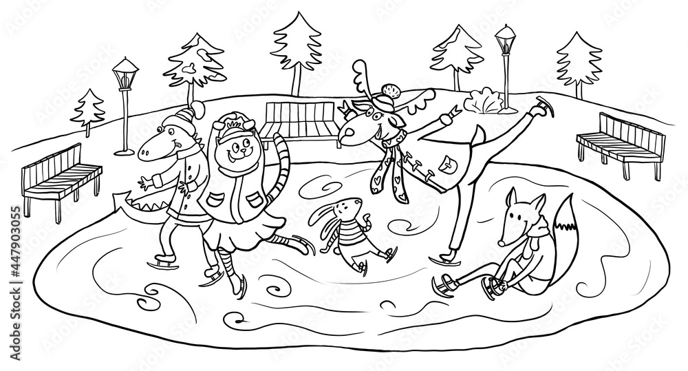 Winter holidays ice rink at the park different animal characters ice skating together coloring book page fun cartoon illustration isolated on a white background illustration