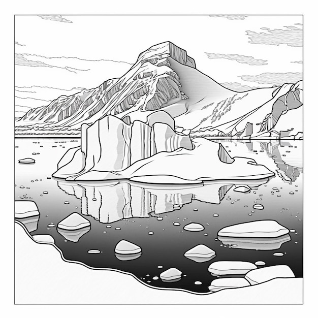 Premium ai image coloring page of a mountain with icebergs and water generative ai