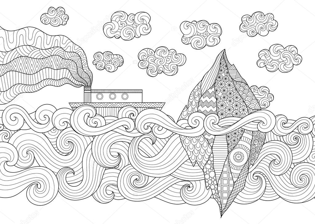 Zendoodle design of seascape with running vessel and iceberg for illustration and adult coloring for anti stress