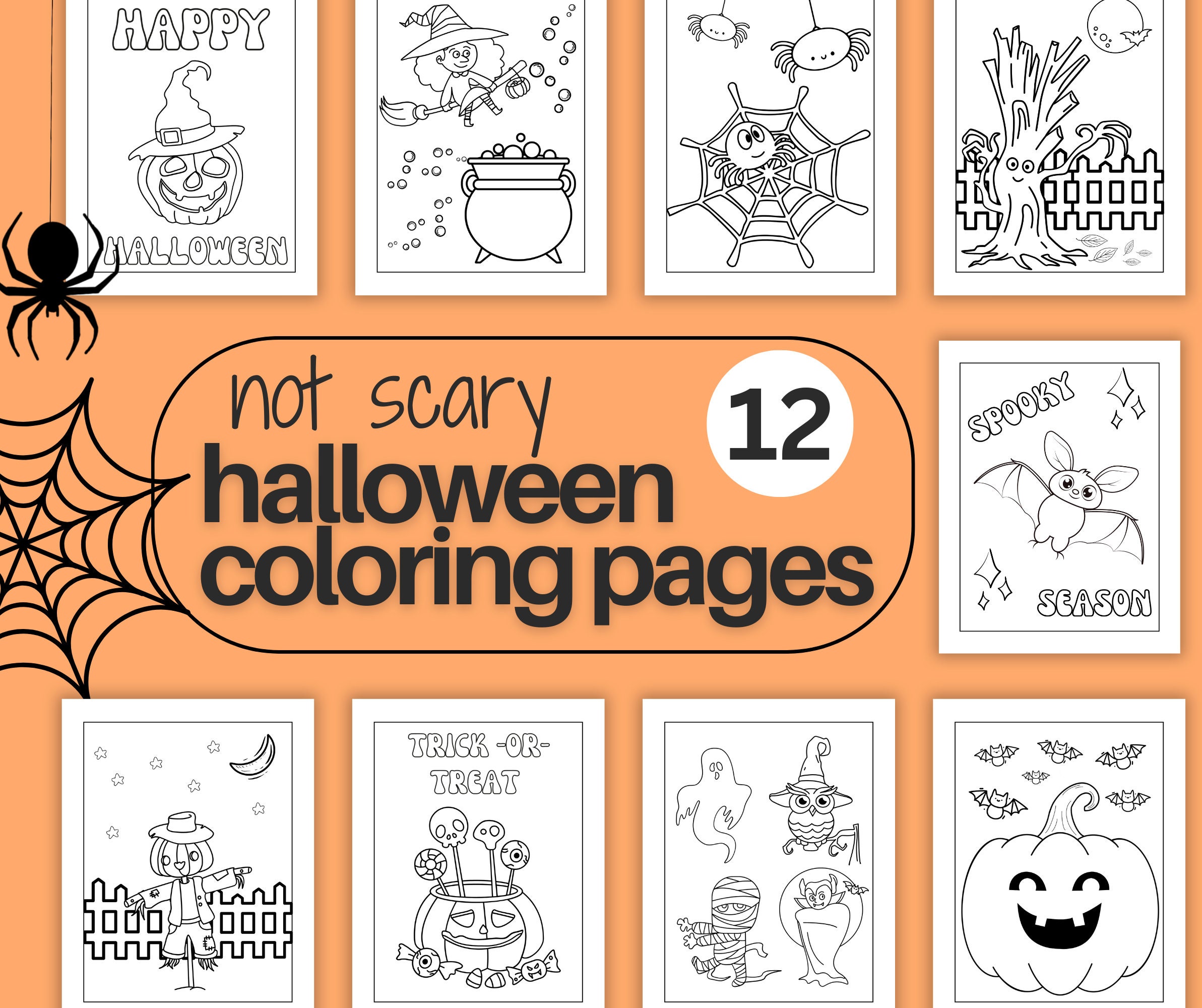 Not scary halloween coloring pages printable pdf kids halloween party halloween decorations witch pumpkin bat spider ghost more