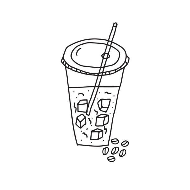 Hand drawn doodle vector illustration of iced coffee with cubes of ice in a plastic to go cup with a straw isolated on white background stock illustration
