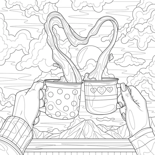 Cups coffee hands man woman heart shape coloring book antistress stock vector by vlasenkoekaterinkagmail
