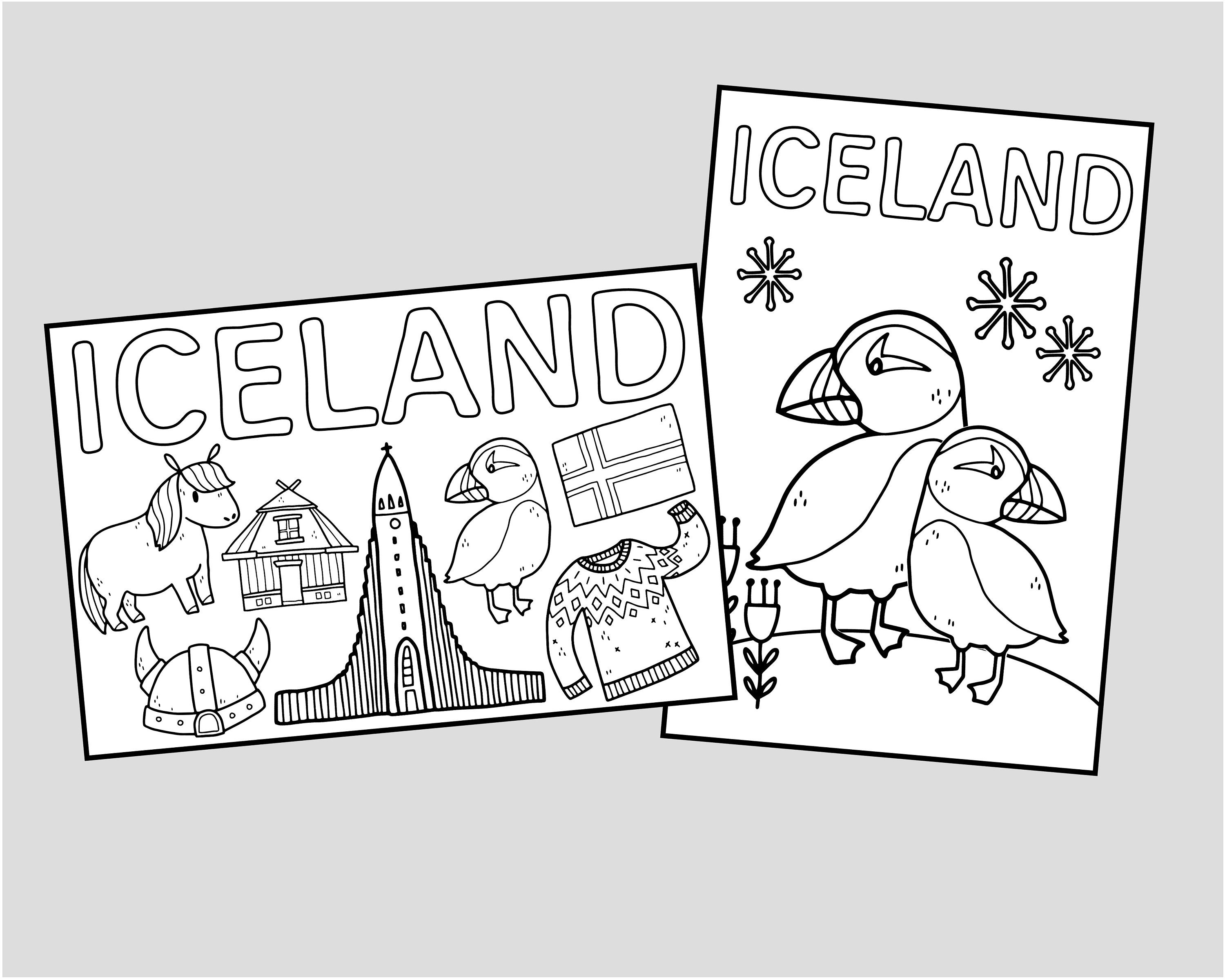 Printable iceland coloring cards iceland travel coloring pages postcards activities for kids instant digital download