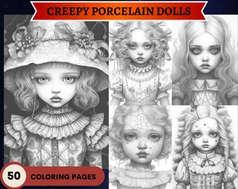 Creepy porcelain dolls coloring pages light and dark versions printable adult coloring pages download grayscale illustration