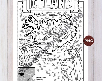 Iceland coloring page geography of europe digital download coloring page